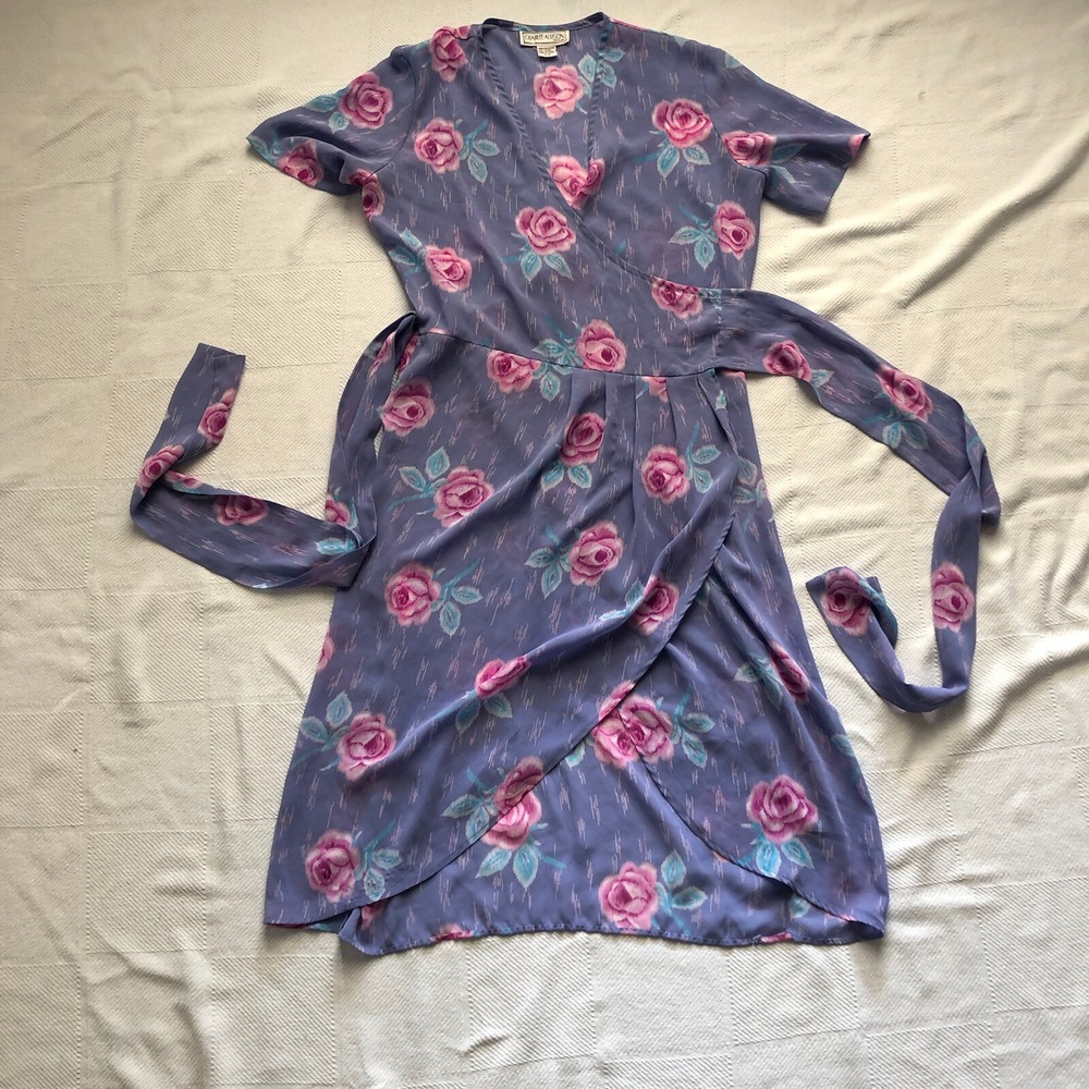 Charlee Allison For Eljay Women's Wrap Dress Size7/8 Blue Pink Sheer Vintage 90s